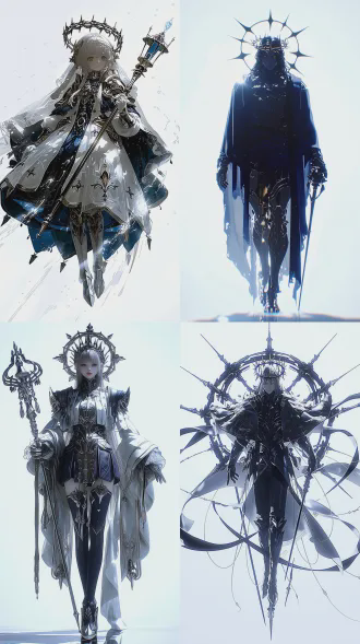 顶级质量3d动漫cgi，白色背景下的全身单角色全景视角，未来科幻，一个神性角色，充满威压，荆棘花冠，身穿祭祀长袍，胸甲，裙甲，长靴，手持权杖，长发飞舞，金色瞳孔，真实发丝和服饰道具细节，次世代真实cg游戏风格，使用ue5和octane渲染，8k超高清电影光效，柔和的侧后光照，全身正面视角，精致肌肤，轻微动态模糊，电影光效，高对比度，色彩鲜艳，极其细致，逼真细节让角色栩栩如生