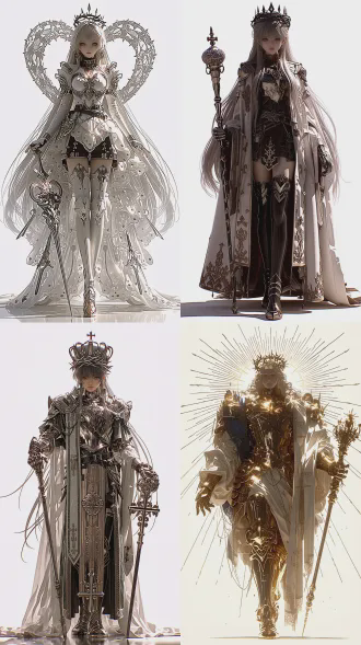 顶级质量3d动漫cgi，白色背景下的全身单角色全景视角，未来科幻，一个神性角色，充满威压，头戴荆棘花冠，身穿祭祀长袍，胸甲，裙甲，长靴，手持权杖，服饰庄重华丽，长发飞舞，金色瞳孔，真实发丝和服饰道具细节，次世代真实cg游戏风格，使用ue5和octane渲染，8k超高清电影光效，柔和的侧后光照，全身正面视角，精致肌肤，轻微动态模糊，电影光效，高对比度，色彩鲜艳，极其细致，逼真细节让角色栩栩如生