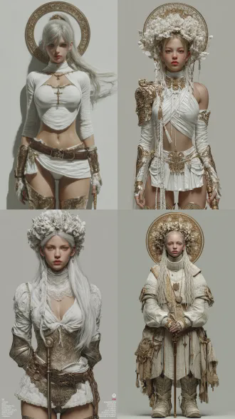 未来科幻，cg游戏风格的次世代写实，使用ue5和octane渲染，8k超高清电影级灯光，柔光、侧光和轮廓光，纯白背景，全身正面视角，长直银发，尖锐而高贵的面部特征，肌肤细腻，一个神性角色，金色瞳孔，充满威压，呈布道者姿态，表情冷峻，曲线优美，头戴绞花王冠，内穿白色祭祀长袍，外穿胸甲，裙甲，长靴，手持金属权杖，服饰庄重肃穆，长发飞舞，真实发丝和服饰道具细节，精致肌肤，电影光效，高对比度。