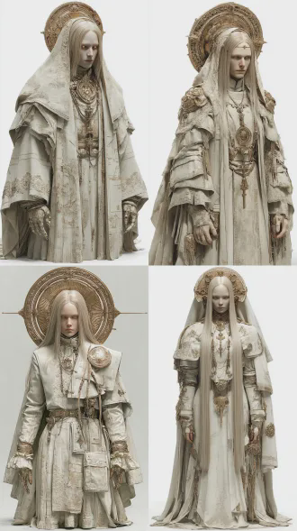 未来科幻，cg游戏风格的次世代写实，使用ue5和octane渲染，8k超高清电影级灯光，柔光、侧光和轮廓光，纯白背景，全身正面视角，一个神性角色，金色瞳孔，长直银发，充满威压，呈布道者姿态，表情冷峻，曲线优美，真实发丝和服饰道具细节，精致肌肤，电影光效，高对比度。