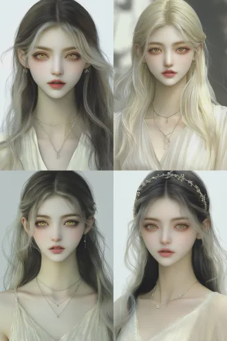 女神妆造型，精致妆容与精美头饰，银链金链交织，减少欧美感，东方古典美学，柔光特写，浅景深，珠宝细节，暖金色调，宁静高贵，优雅神秘。