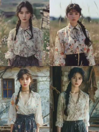 1980s chinese rural young woman, liu wenjing, light floral shirt, black linen pants, two braids, innocent gentle look, scheming eyes, realistic drama still