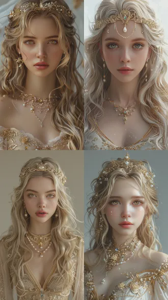 ``` a beautiful woman with long wavy platinum blonde hair, golden ornate headband adorned with pearls and small jewels, golden intricate embroidered dress with gemstone details, pale skin, striking golden eyes, simple white background, hyper-realistic, photorealistic, high detail, cinematic lighting, 8k resolution ```