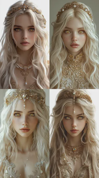 ``` a beautiful woman with long wavy platinum blonde hair, golden ornate headband adorned with pearls and small jewels, golden intricate embroidered dress with gemstone details, pale skin, striking golden eyes, simple white background, hyper-realistic, photorealistic, high detail, cinematic lighting, 8k resolution ```