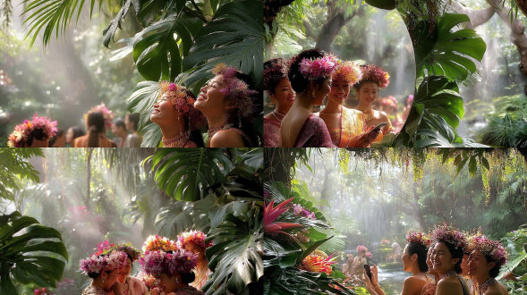 欢乐的朋友们在镜前欣赏变身特写镜头，镜框环绕茂盛龟背竹，西双版纳傣族最美服装与精致花冠妆容闪亮，拱门后是薄雾笼罩的瀑布花园，梦幻热带仙境，生动真实感电影质感，浅景深柔焦突出喜悦惊叹表情，柔和自然光与柔和高光，鲜艳花卉色彩，柔光摄影肖像摄影广角微距，柔焦效果