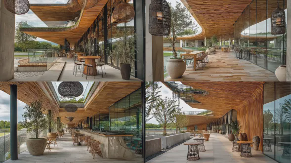 现代建筑展馆连接马场与网球场，极简设计，大型悬挑屋顶露台配玻璃栏杆俯瞰田野，玻璃幕墙与暖色木材覆层，风化钢饰面，绿色屋顶区块，底层户外座椅平台融入景观，清晰流线分隔访客与服务入口，柔和日光，商业建筑摄影，写实，8k，材质纹理细节，广角镜头，全景构图，自然融合，低调奢华，中性色调，静谧氛围，