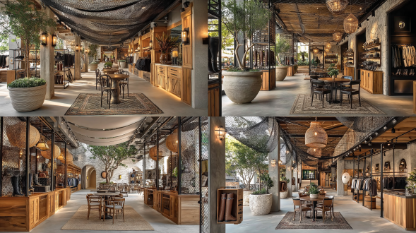 高端马术网球零售店内部，开放式布局，工业风金属网架与温暖木制展柜并存，左侧陈列马术靴、头盔与优雅骑装，右侧展示网球拍与运动服饰，中央试衣区设落地镜，水泥地面搭配区域地毯，精准轨道照明，极简主义，高端零售氛围，现实主义风格，广角镜头，浅景深，自然光混合室内照明，暖色调，静谧奢华感，生活摄影，细节丰富，陈列有序。