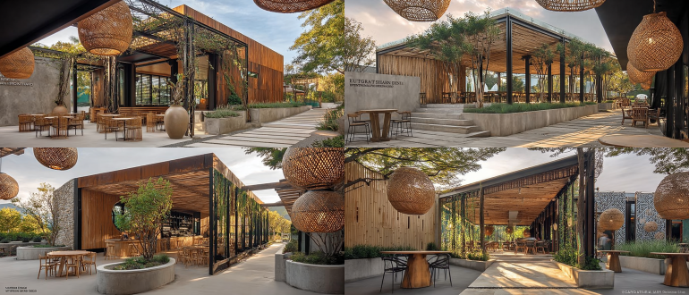 电影广角镜头，静谧的郊区道路，观赏“马术与网球绿洲”建筑亭，景观入口宽阔，淡色混凝土缓坡与生锈钢制花坛，攀爬紫藤的极简钢架廊，建筑主体由烧杉板与锈蚀钢板基座以及悬浮的玻璃咖啡馆盒子构成，左侧网球手在修剪整齐的球场，右侧牧场有骑手，沐浴在金色夕阳下，长阴影，建筑摄影，8k，超细致，24毫米镜头，景深，暖色调，宁静，反射，反差材质，