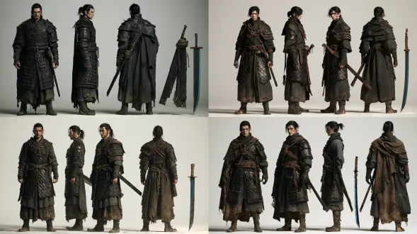 3d anime character design sheet, three views: front view, side view, back view, orthographic, a-pose, full body, plain white background, even diffuse lighting, no shadow. chinese donghua 3d animation style, stylized semi-realistic 3d character model, ue5 render, cel-shaded with soft rim light, clean stylized hair strands, smooth stylized skin. a cold stoic male fighter, square angular face, short flat eyebrows, narrow long eyes, small black pupils, straight high nose, thin lips slightly downturned, clear jawline, flat thin ears, slightly prominent brow ridge. old mark on right eyebrow tail toward temple, small mole under left jaw. black short hair in low ponytail, short sideburns, two loose strands on forehead. cold pale skin with faint blue undertone. black iron scale armor with overlapping fish-scale pattern, dark copper rivets, dark grey coarse linen underlayer, leather straps double-knotted, three-layer shoulder guard. main black iron #1e2226, dark grey linen #3a3f44, dark copper #6b4a2f. worn lower armor edges, shallow dent on left shoulder guard, muddy wet hem, scratched boots. long single-edged metal tool with dark iron body, cold steel-blue edge, dark copper crossguard, dark grey rope-wrapped handle, dark copper pommel ring, displayed separately beside the character. 3d anime key visual, cinematic rim light, 8k detail