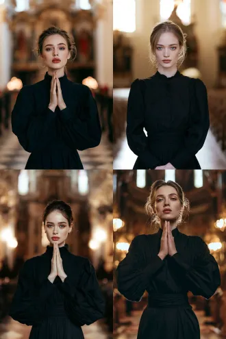 a beautiful western model—a german-style beauty with fair skin—wears exquisite makeup and has striking, well-defined features, with the kind of looks typically seen on instagram influencers. she’s wearing a black, long-sleeved dress with a cinched waist, exuding a natural and lifelike vibe. the background shows her praying inside a church, creating an instagram-worthy atmosphere; aspect ratio 2:3, instagram-style social media image, clear skin texture, 8k resolution, medium-shot portrait, standing pose, half-body shot, fashion model