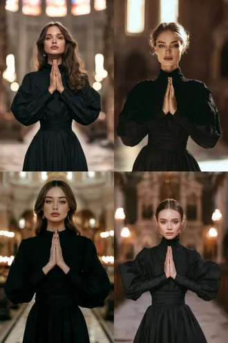 a beautiful western model—a german-style beauty with fair skin—wears exquisite makeup and has striking, well-defined features, with the kind of looks typically seen on instagram influencers. she’s wearing a black, long-sleeved dress with a cinched waist, exuding a natural and lifelike vibe. the background shows her praying inside a church, creating an instagram-worthy atmosphere; aspect ratio 2:3, instagram-style social media image, clear skin texture, 8k resolution, medium-shot portrait, standing pose, half-body shot, fashion model