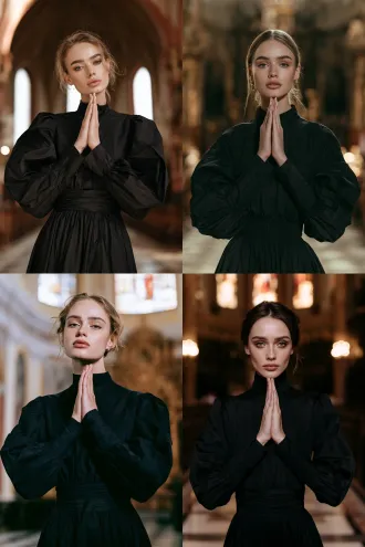 a beautiful western model—a german-style beauty with fair skin—wears exquisite makeup and has striking, well-defined features, with the kind of looks typically seen on instagram influencers. she’s wearing a black, long-sleeved dress with a cinched waist, exuding a natural and lifelike vibe. the background shows her praying inside a church, creating an instagram-worthy atmosphere; aspect ratio 2:3, instagram-style social media image, clear skin texture, 8k resolution, medium-shot portrait, standing pose, half-body shot, fashion model