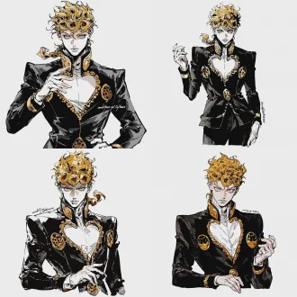 giorno giovanna (jojo's bizarre adventure part 5 protagonist), bust shot, wearing iconic canonical black slim-fit suit with gold decorative collar and white inner shirt, adorned with the signature ladybug emblem on the chest (faithful to original manga), fluffy golden short hair with natural curly texture and a small ladybug hairpin on the side (accurate to manga design), manga-style textures mixed with chainsaw man's gritty line art, black and white, bold thick lines, sharp outlines, moderate shading, no shading on face, elegant and determined aura (reflecting his "ambitious yet righteous" personality—calm sharp eyes, poised and unshakable demeanor), straight front-facing, one hand lightly raised with fingers gently curled in a signature graceful gesture, the other naturally resting at his side (echoing his gang leader aspiration), solid white background, high contrast, jojo's bizarre adventure art style, clean composition, detailed suit folds, gold ornament texture and hair curls, ultra-detailed face