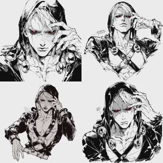 risotto nero (jojo's bizarre adventure part 5 character), bust shot, cold and imposing aura (reflecting his "forbidding yet decisive" personality—eyes with black sclera and red irises, sharp and icy gaze, upright and unflinching demeanor), straight front-facing, left hand hanging naturally by the side, right hand resting on the temple, manga-style textures mixed with chainsaw man's gritty line art, black and white, bold thick lines, sharp outlines, moderate shading, no shading on face, solid white background, high contrast, jojo's bizarre adventure art style, clean composition, ultra-detailed face