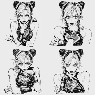 jolyne cujoh (jojo's bizarre adventure part 6 character), bust shot, resilient and rebellious aura (reflecting her "unyielding, tough and persistent" personality—sharp and determined eyes, bold and unapologetic demeanor), straight front-facing, right hand resting on chin, left hand hanging down casually, manga-style textures mixed with chainsaw man's gritty line art, black and white, bold thick lines, sharp outlines, moderate shading, no shading on face, solid white background, high contrast, jojo's bizarre adventure art style, clean composition, ultra-detailed face
