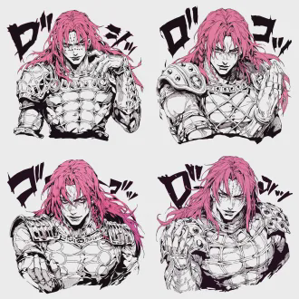 diavolo (character from jojo's bizarre adventure part 5), bust shot, long solid pink hair with no clumps or spots, mysterious and overwhelmingly menacing aura (reflecting his "dual-personality, tyrannical and domineering nature"—sharp, piercing, and chilling eyes, icy, aloof, and intimidating demeanor), straight front-facing, one hand firmly on the hip while the other is raised slightly with the palm facing downward in a commanding gesture (echoing his supreme dominance and imperial majesty as a crime lord), manga-style textures mixed with chainsaw man's gritty line art, black and white, bold thick lines, sharp outlines, moderate shading, no shading on face, solid white background, high contrast, jojo's bizarre adventure art style, clean composition, ultra-detailed face. do not have black spots on the hair, keep the entire hair color consistent; this does not need to follow the original work, please adjust as needed.