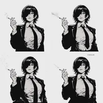 himeno (chainsaw man character), bust shot, mature and sharp aura (reflecting her "experienced, poised and slightly world-weary" personality—calm yet piercing eyes, composed and sleek demeanor), straight front-facing, one hand casually holding a cigarette, chainsaw man art style, manga-style, black and white, bold thick lines, sharp outlines, moderate shading, no shading on face, solid white background, high contrast, clean composition, ultra-detailed face