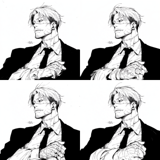 kishibe (chainsaw man character), bust shot, gruff and seasoned aura (reflecting his "weathered, unflappable and sharp-witted" personality—eyes gazing far into the distance with a heavy, solemn look, not looking at the camera, bearing a dignified and stern demeanor), profile view, arms crossed over his chest, chainsaw man art style, manga-style, black and white, bold thick lines, sharp outlines, moderate shading, no shading on face, solid white background, high contrast, clean composition, ultra-detailed face