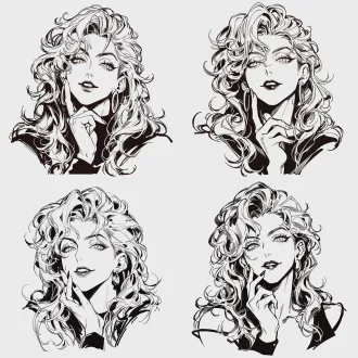 enya (young version) (from jojo's bizarre adventure: stardust crusaders), bust shot, charming and seductive eyes, bright and enchanting demeanor, soft and flowing long curly hair, **fingertips gently brushing the jawline, knuckles slender yet hidden with coldness**, chainsaw man art style, black and white, bold thick lines, sharp outlines, high contrast, moderate shading, solid white background, clean composition