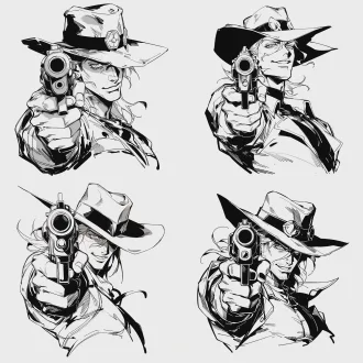 hol horse (from jojo's bizarre adventure: stardust crusaders), bust shot, sultry and playful eyes, nonchalant and cocky demeanor, neatly styled short hair, **right hand holding a revolver and pointing it directly at the camera, gun barrel steady**, chainsaw man art style, black and white, bold thick lines, sharp outlines, high contrast, moderate shading, solid white background, clean composition