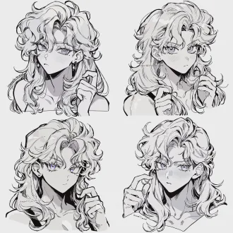 shizuka joestar (15-year-old version, from jojo's bizarre adventure: diamond is unbreakable), bust shot, shy yet sharp aura (reflecting her "introverted but clever, reserved yet resilient" personality—clear lavender almond eyes with a hint of vigilance and hidden mischief, a tiny tear mole at the corner of the eye, calm and bashful demeanor), light silver-gray natural curly long hair, cold porcelain-white skin with faint glazed luster, fingertips with fleeting transparent halos, fingers gently twisting the end of the hair, chainsaw man art style, manga-style, black and white, bold thick lines, sharp outlines, moderate shading, no shading on face, solid white background, high contrast, clean composition, ultra-detailed facial features