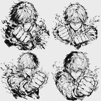 agni (from fire punch), bust shot, burning and firm eyes, indomitable and stern demeanor, messy short hair with scorched black tips, **fists tightly clenched with blazing flames surging from the knuckles, eternal fire blazing unceasingly around the hands**, chainsaw man art style, black and white, bold thick lines, sharp outlines, high contrast, moderate shading, solid white background, clean composition