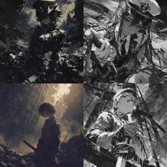 末日废土，军装少女，气质忧郁，手拿太刀。灰白色调，。平涂赛璐璐插画，正比例，细腻笔触，颗粒感，都市废墟背景，高对比度，硬朗阴影，静态姿势，怀旧感，硬核漫画美学。广角镜头浅景深，8k分辨率电影级分级，质感平滑，笔触细腻，构图优美，精美细节，动态流畅，强烈对比