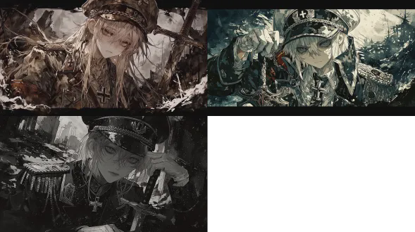 末日废土，德式军装少女，配饰军帽和军徽，气质忧郁，风格冷峻，手拿军刀。灰白色调。平涂赛璐璐插画，正比例，细腻笔触，颗粒感，都市废墟背景，高对比度，硬朗阴影，静态姿势，怀旧感，硬核漫画美学。广角镜头浅景深，8k分辨率电影级分级，质感平滑，笔触细腻，构图优美，精美细节，动态流畅，强烈对比