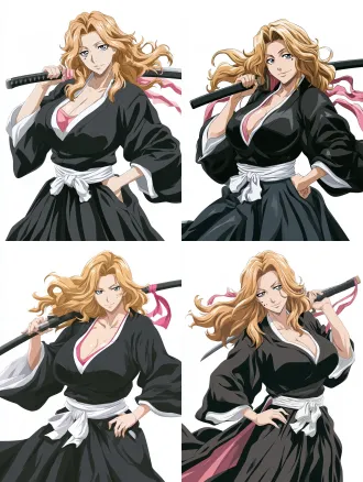 matsumoto rangiku, bleach anime character, long wavy blonde hair, blue-grey narrow eyes, beauty mark beside mouth, black shihakusho kimono with white inner collar and pink lining, white obi belt, dark hakama, katana resting casually on her right shoulder — one hand on the hilt over her shoulder, other hand on hip, body turned sideways, confident smirk, hair and pink ribbons flying to one side, full body, plain white background, isolated character, clean edges, anime cel-shading, clean line art, official tv anime art style, sharp focus ，high fidelity character restoration