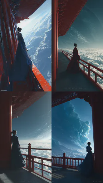 杰作，最佳质量，超精细细节，电影级光影，史诗科幻仙侠场景，中景平视略带仰角构图，人物位于左侧三分线，身着飘逸靛青色古风长裙，发髻高挽，侧身倚靠朱红栏杆，凝望远方，姿态宁静优雅，衣袂轻扬，前景栏杆屋檐形成画框，引导视线至浩瀚云海与巨大蓝色星球，强烈的逆光从右上方洒下，清冷蓝色辉光，照亮云顶，鲜明明暗对比，超写实数字绘画，戏剧性氛围，参考艺术家wlop与《星际穿越》，8k分辨率，9:16竖版，氛围宁静孤寂壮阔神秘。