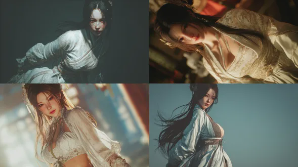 han dynasty, ultra - detailed, hyper - realistic style. shot with a telephoto lens to present a perspective view. the xianxia beauty inspired by the art style of nier:automata. the chest has a noticeable outward two dots contour. she has long, shapely legs, and her long hair flows gracefully. she strikes a coquettishly dynamic pose with a slightly curved waist and one hip subtly lifted to form a charming body arc. she is wearing a delicate and lightweight long dress made of silk. on the upper body, she pairs it with a traditional hanfu silk blouse. the cuffs of the blouse are designed in a slightly open traditional slitted style, with narrow piping trim along the edges. her exquisite makeup, the fabric of her clothes, and the texture of her skin are all highly realistic. cinematic lighting enhances the atmosphere. the depth - of - field effect softly blurs the background, and high - contrast lighting accentuates details. the composition incorporates excellent physical effects and is rich in details.