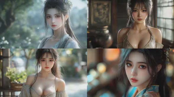 han dynasty, ultra - detailed, hyper - realistic style. shot with a telephoto lens to present a perspective view. the xianxia beauty inspired by the art style of nier:automata. the chest has a noticeable outward two dots contour. she has long, shapely legs, and her long hair flows gracefully. she strikes a coquettishly dynamic pose with a slightly curved waist and one hip subtly lifted to form a charming body arc. she is wearing a delicate and lightweight long dress made of silk. on the upper body, she pairs it with a traditional hanfu silk blouse. the cuffs of the blouse are designed in a slightly open traditional slitted style, with narrow piping trim along the edges. her exquisite makeup, the fabric of her clothes, and the texture of her skin are all highly realistic. cinematic lighting enhances the atmosphere. the depth - of - field effect softly blurs the background, and high - contrast lighting accentuates details. the composition incorporates excellent physical effects and is rich in details.