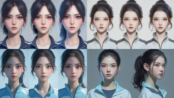 character design sheet, ue5 render, high precision 3d cg, top-tier chinese anime 3d modeling style, cinematic actress face. pure solid white background, completely empty, no environment, no props, no shadows, no floor. left side: a highly detailed close-up headshot of an incredibly beautiful 18-year-old chinese girl. highly recognizable cinematic face, non-ai-looking, high-end bone structure, slight hump nose. her black hair is tied up in a neat, combat-ready high ponytail, absolutely no loose hair, with a few soft wavy strands framing her face. she has natural, wild, textured eyebrows, and narrow, elongated eyes with delicate eyeliner and long eyelashes. subtle reddish eye makeup near the outer corners creates a pure yet seductive look. a tiny teardrop beauty mark under her right eye. her gaze is piercing, vigilant, highly focused, and resolute, showing a fierce will to survive, but very attractive. her lips are plump, glossy, and slightly parted. flawless translucent pale porcelain skin with a subtle reddish blush and realistic skin texture, no dirt. wearing a slightly unzipped light blue and white chinese high school track suit. right side: character turnaround of the exact same girl, three views (front view, side view, back view), standing perfectly straight, full body. wearing the same sportswear. note: the faces of the three figures on the right are completely covered with heavy mosaic censors. eye-level shot, direct front view, no head tilt. cinematic lighting, soft rim light, 8k. negative prompt: plastic surgery face, overly smooth skin, big round eyes, blunt jawline, standard internet celebrity face, doll face, dull eyes, blank stare, gentle harmless look, loose hair, long hair down, dirty face, props, weapons, environment, shadows, head tilt, low quality.