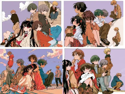 粉紫色天空，五个大学生三男两女。黑色双马尾女生、棕色短发女生、绿色短发男生、灰色短发男生、金色短发男生，一坐在看天空，另一个在她旁边肩膀靠着她的肩膀，没说话。一个男生在旁边看手机，一个男生看天，第三个男生站在几步远的地方蹲着。没有人问怎么了，但每个人都在。温柔安静，友情兜底，情绪内敛，留白构图，柔和光线，插画风格，画面安静但有温度，平涂