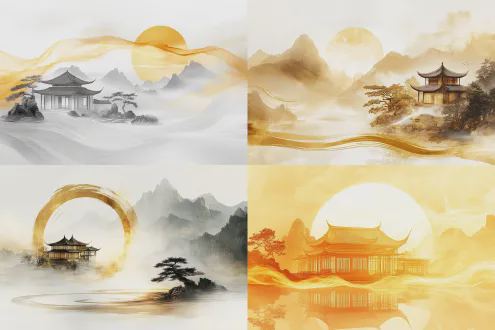 chinese ink wash painting style, abstract luxurious interior with harmonious feng shui flow, golden energy swirling toward a peaceful central focus, a soft glowing house or building silhouette symbolizing prosperity, subtle elements like mountain, water, bonsai, and yin-yang arranged in balance, elegant and serene atmosphere, central circular symbol for abundance, airy layout on both sides for text overlay, no text or numbers profile 318xco2