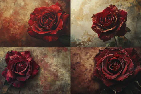 低角度特写，优雅凋谢的深红玫瑰居中，布满粗粝纹理与时光痕迹，极简背景顶部大面积留白，柔和自然光，忧郁诗意氛围，暖色调赭石暗红古金，艺术微距摄影与质感画风融合，超高画质超级细节8k电影级调色，电影镜头柔焦，高动态范围，褪色美学，静物构图，情感共鸣