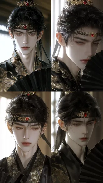 high-end cg thick painting, delicate and textured skin texture, male, ancient-style handsome man, strategist. male, black hair, black realistic hair strands, all hair combed up into a bun, with a black satin headband, gold thread embroidery on the headband, the embroidery has a silk luster, a red gemstone in the center of the headband, the gemstone is vermilion and glossy, round and smooth. flawless fair skin, delicate facial skin, willow-leaf eyebrows, exquisite eyes and eyebrows, slanted and elongated phoenix eyes, extremely upturned outer corners, slender eyelashes, sanpaku eyes, high and straight nose bridge, light pink matte lips, exquisite facial contours, wearing a black gold-embroidered flying fish official robe, holding a black folding fan, indoors, character silhouette backlit.
