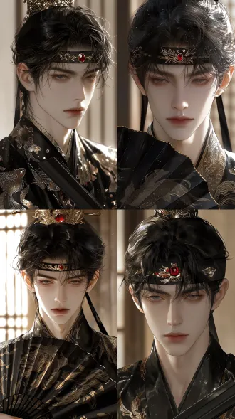 high-end cg thick painting, delicate and textured skin texture, male, ancient-style handsome man, strategist. male, black hair, black realistic hair strands, all hair combed up into a bun, with a black satin headband, gold thread embroidery on the headband, the embroidery has a silk luster, a red gemstone in the center of the headband, the gemstone is vermilion and glossy, round and smooth. flawless fair skin, delicate facial skin, willow-leaf eyebrows, exquisite eyes and eyebrows, slanted and elongated phoenix eyes, extremely upturned outer corners, slender eyelashes, sanpaku eyes, high and straight nose bridge, light pink matte lips, exquisite facial contours, wearing a black gold-embroidered flying fish official robe, holding a black folding fan, indoors, character silhouette backlit.