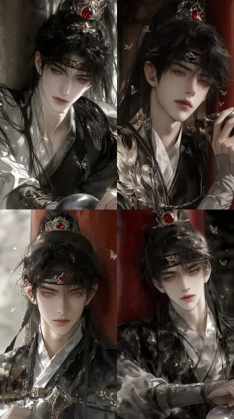 high-end cg thick painting, delicate and textured skin texture, male, ancient-style handsome man, strategist. male, black hair, black realistic hair strands in a high ponytail, with a black satin headband, gold thread embroidery on the headband, the embroidery has a silk luster, a red gemstone in the center of the headband, the gemstone is vermilion and glossy, round and smooth. flawless fair skin, delicate facial skin, willow-leaf eyebrows, exquisite eyes and eyebrows, slanted and elongated phoenix eyes, extremely upturned outer corners, slender eyelashes, sanpaku eyes, high and straight nose bridge, light pink matte lips, exquisite facial contours, wearing a black-and-white ancient-style martial outfit, a moon-white cross-collar hanfu, gray wrist guards, an exquisite belt, holding a wine gourd half-raised, leaning against the vermilion wall pillar of a large courtyard, butterflies fluttering, master of light and shadow.