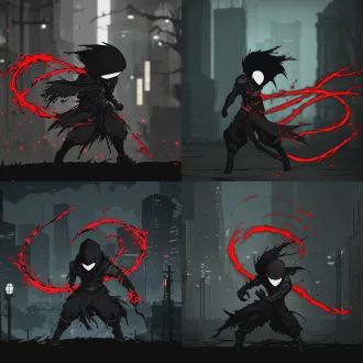 暗黑战士动态战斗姿态，黑色与红色配色方案，尖锐棱角铠甲，流动红色能量轨迹，单色城市景观背景，微细节，对角线构图，赛博朋克风格，低角度广角镜头，电影感动态模糊，霓虹红光轮廓照明，能量爆发瞬间，冷峻表情，暗色调，强烈动感。