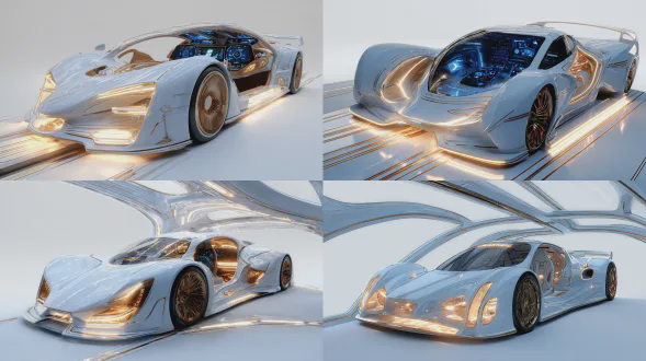 根据此图片生成车内构造，车内采用智能驾驶，行驶屏幕为高级淡蓝色透明光屏，要有未来科技感，驾驶位为不知名泛光透明材料制作而成，车内线条多为波浪形，车内颜色为白色，金色，呈现出未来感，科幻，32看分辨率，超细节，超精致。