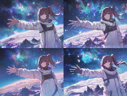 a girl in a white spacesuit, long brown hair tied in a ponytail, purple eyes, reaching out her right hand, background is a starry sky with colorful nebulae, part of the earth visible on the left, mountains and snowy landscape below.