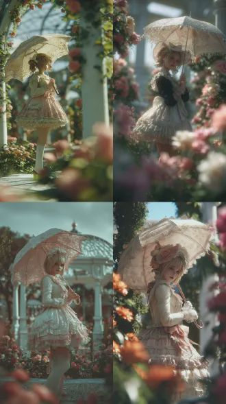 穿洛丽塔的女孩，3d动漫风格，中心构图，欧式花园，精致蕾丝裙，甜美微笑，手持洋伞，体积光，柔焦镜头，浅景深，梦幻色彩，童话氛围，温柔情感。