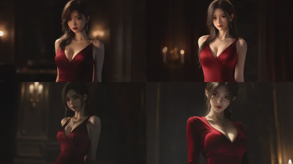 何婷身着深v红色长裙，凸显丰满高挑身材，两米身高极具压迫感，美艳妩媚表情性感妖娆，特写肖像，电影感构图，暗调摄影，戏剧性顶光，红色与黑色对比，奢华室内环境，柔焦效果，性感，强大气场