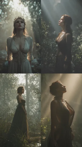 真cg风格唯美主义美女站在梦幻发光森林中，身材饱满，完美对称构图，飘逸长裙，表情平静空灵，柔和面光，半透明材质，柔焦，虚幻引擎渲染，电影级画质，浅景深，冷色调，宁静优雅。