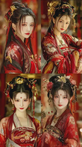 古装美女主视图，汉服飘逸，面容温婉端庄，盘发金簪，背景为古典庭院，对称构图，柔光照射，细腻纹理，浅景深，暖色调，优雅宁静。