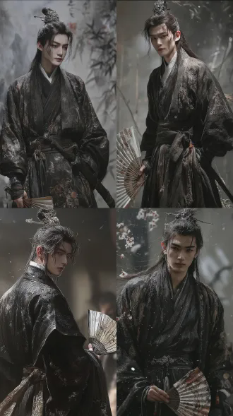 中国古代帅哥，锦衣华服，玉冠束发，剑眉星目，侧身立于竹林庭院，手持折扇，神情温润自信，水墨画风格，特写肖像，浅景深，柔光，典雅色彩，宁静氛围。