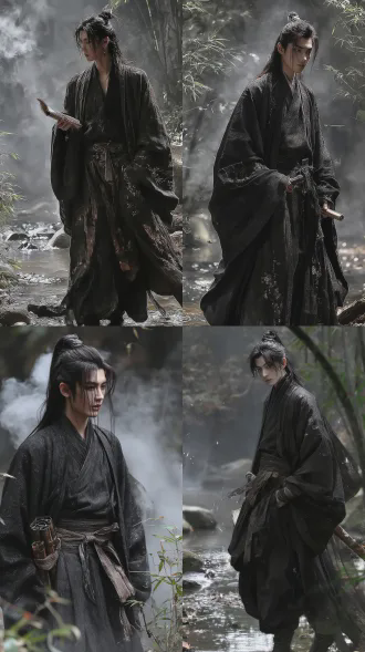 古代中国书生，身着水墨色长袍立于竹林溪畔，手持书卷目光深邃，背景云雾缭绕，工笔水墨风格，浅景深，柔光照明，青绿主色调，宁静致远。