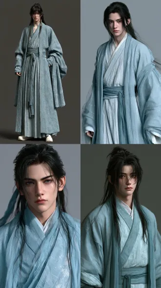中国人20岁男性，娃娃脸，穿月天青色的改良古风长袍，衣料是带有暗纹的丝绸或轻纱材质 超写实游戏cg风格，电影级3d渲染，细节化