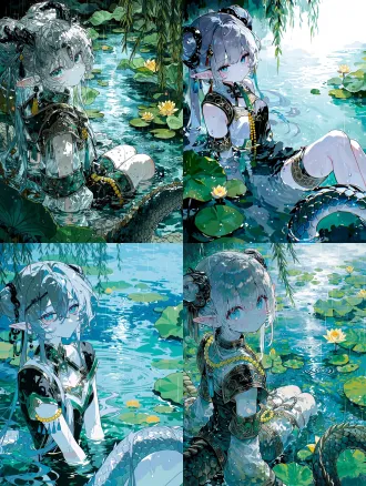 日系二次元插画，国风东方奇幻氛围，人物居于画面左侧，占据画面主体。 少女是精灵尖耳，银灰带浅青渐变的长发，头发盘成精致发髻，搭配黑色金属发饰，几缕发丝垂落。通透明亮的冰蓝色眼眸，眼尾带红调，肌肤上沾着晶莹水珠，神情柔和淡然，侧头看向观者。 她半浸在清透的池塘水中，上半身露出水面，双腿舒展泡在水里，水面漫过大腿。身着黑白为主、点缀青金细节的新中式服饰，肩甲是黑金属质感，手臂有半透明水墨纹样的袖套，手腕佩戴黄色珠串，坠着蓝色流苏。皮肤与衣料都挂着水珠，湿漉漉的质感。 环境是夏日荷塘：水面漂浮大片翠绿荷叶、盛放嫩黄荷花，上方垂落纤细的柳树枝条。细密雨丝从天落下，水面泛起层层涟漪，波光透亮。画面右下角露出一截带有鳞片的龙尾，和人物呼应。整体色调清润冷调，水光通透，雨雾氛围感强，线条精致，厚涂二次元原画风格。